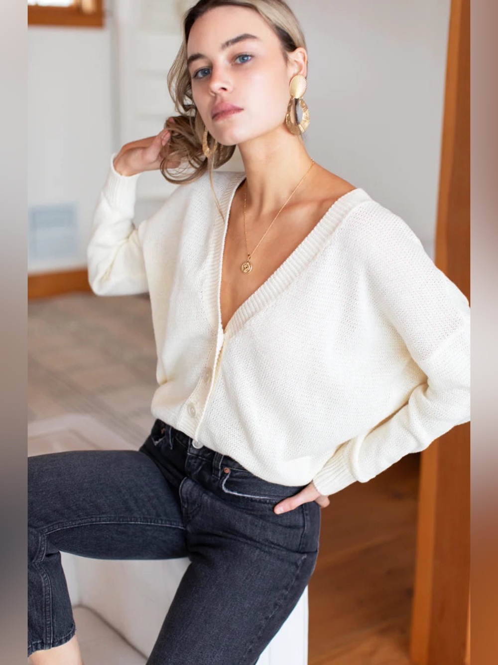 Emerson Fry Carolyn Cardigan Ivory Organic Cotton V-Neck Knit Sweater XS